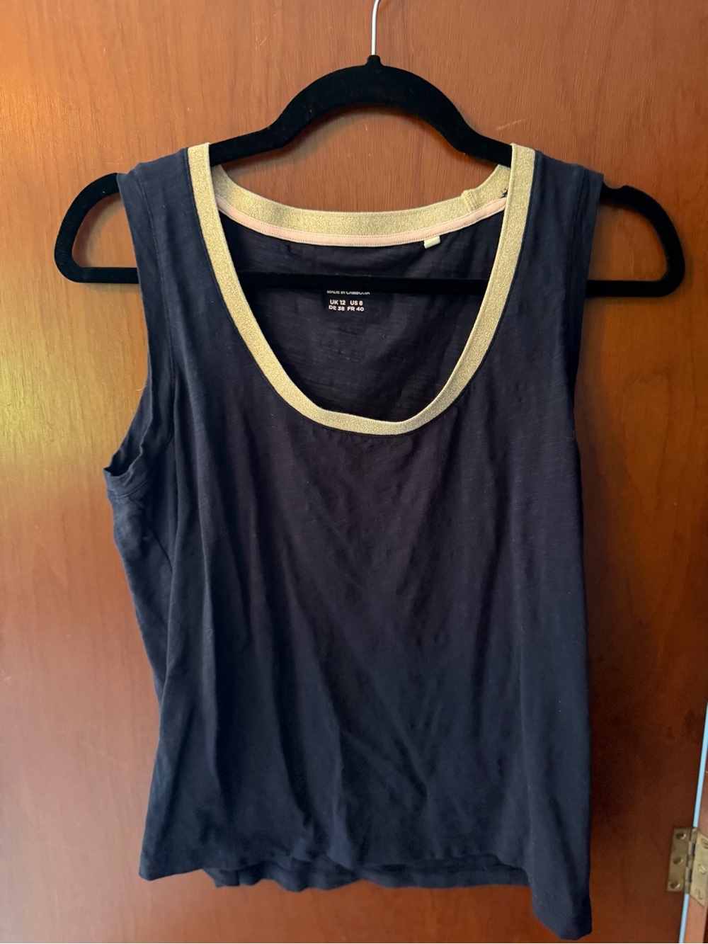Navy  Sleeveless Scoop Neck Tank with Gold Trim